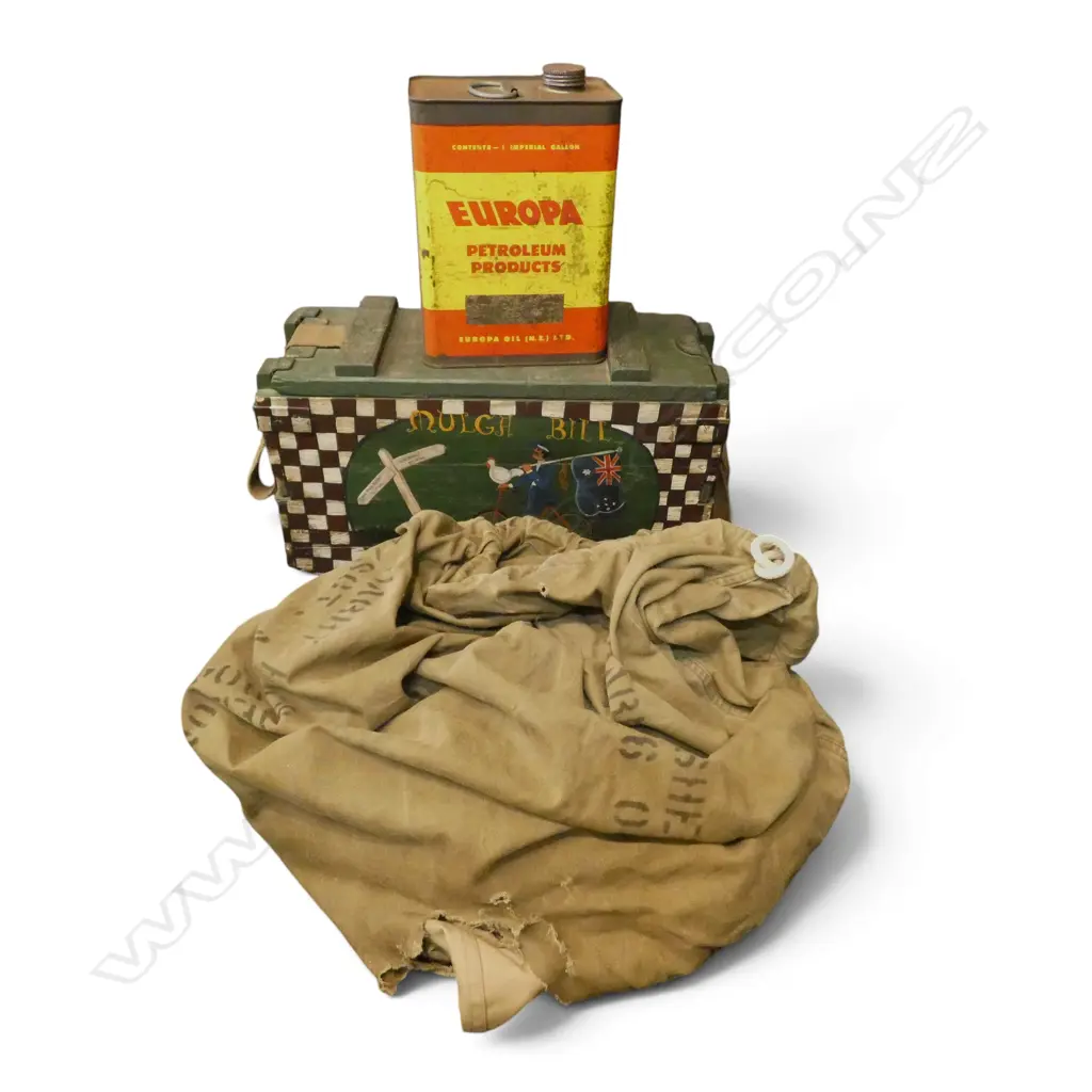 FOLK ART PAINTED MUNITIONS CRATE, WWII & USA KIT BAG & CONTENTS bag worn, VINTAGE EUROPA OIL TIN Image 1++
