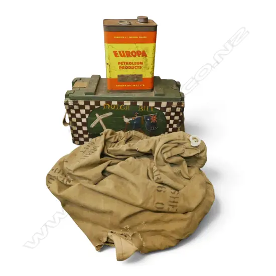 FOLK ART PAINTED MUNITIONS CRATE, WWII & USA KIT BAG & CONTENTS bag worn, VINTAGE EUROPA OIL TIN