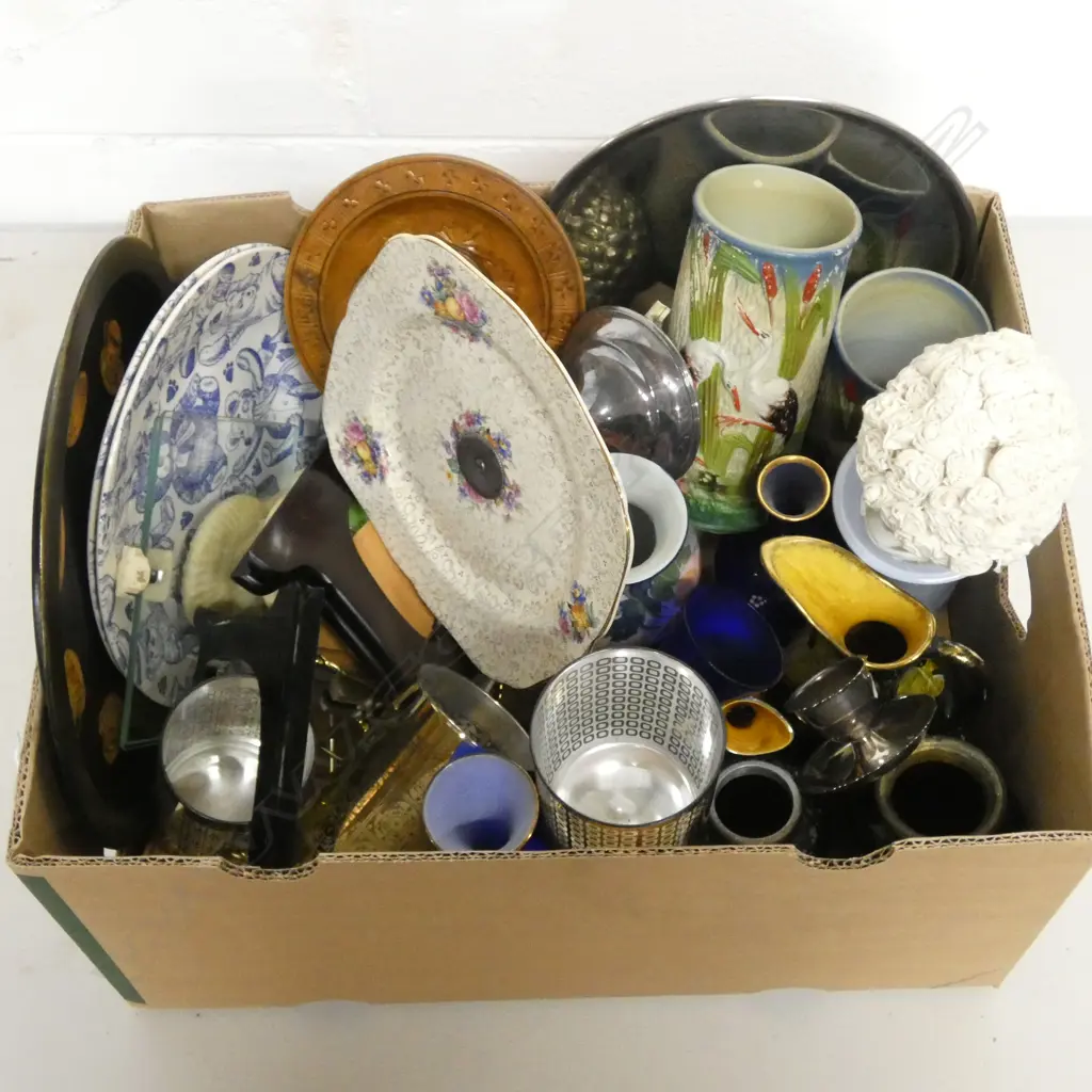BOX OF ASST. CHINA & COLLECTIBLES Incl. PLATE STANDS  Image 1++