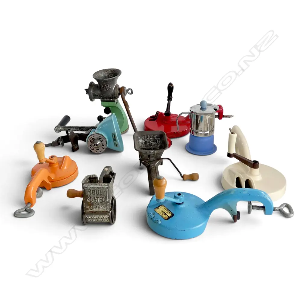 ASST. VINTAGE KITCHEN IMPLEMENTS bean slices, grinders etc Image 1++