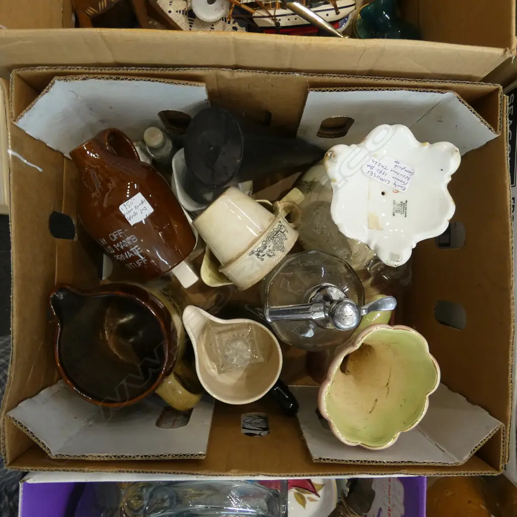 COLLECTION of SPIRITS JUGS, VINTAGE SODA SYPHON ETC, Limoge & Lustre vase faulted Image 1++