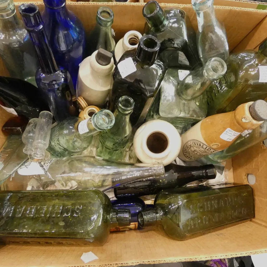 LRG COLLECTION MOSTLY 19thC GLASS BOTTLES Image 1++