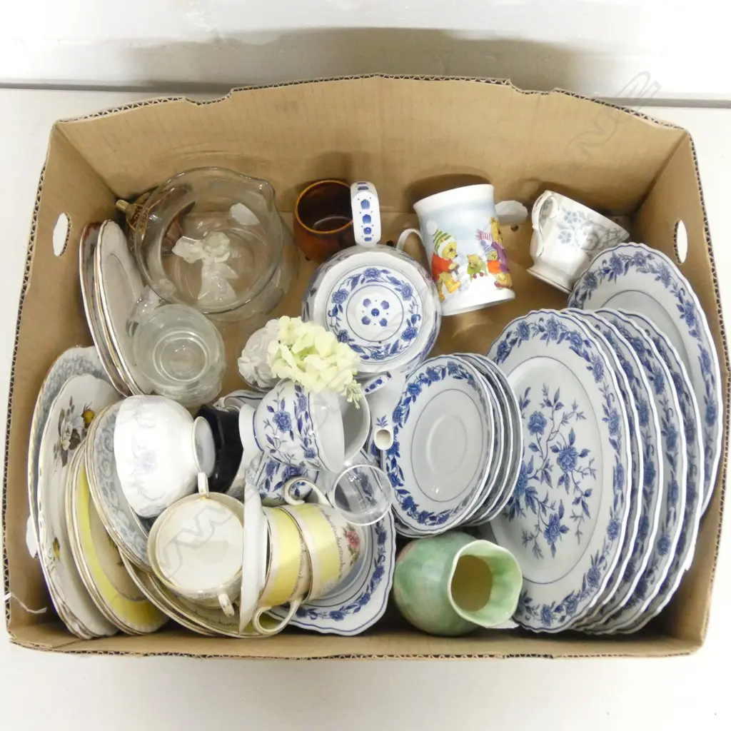 BOX OF ASST. CRYSTAL & FANCY CHINA Incl. BLUE CHATHAM Image 1++