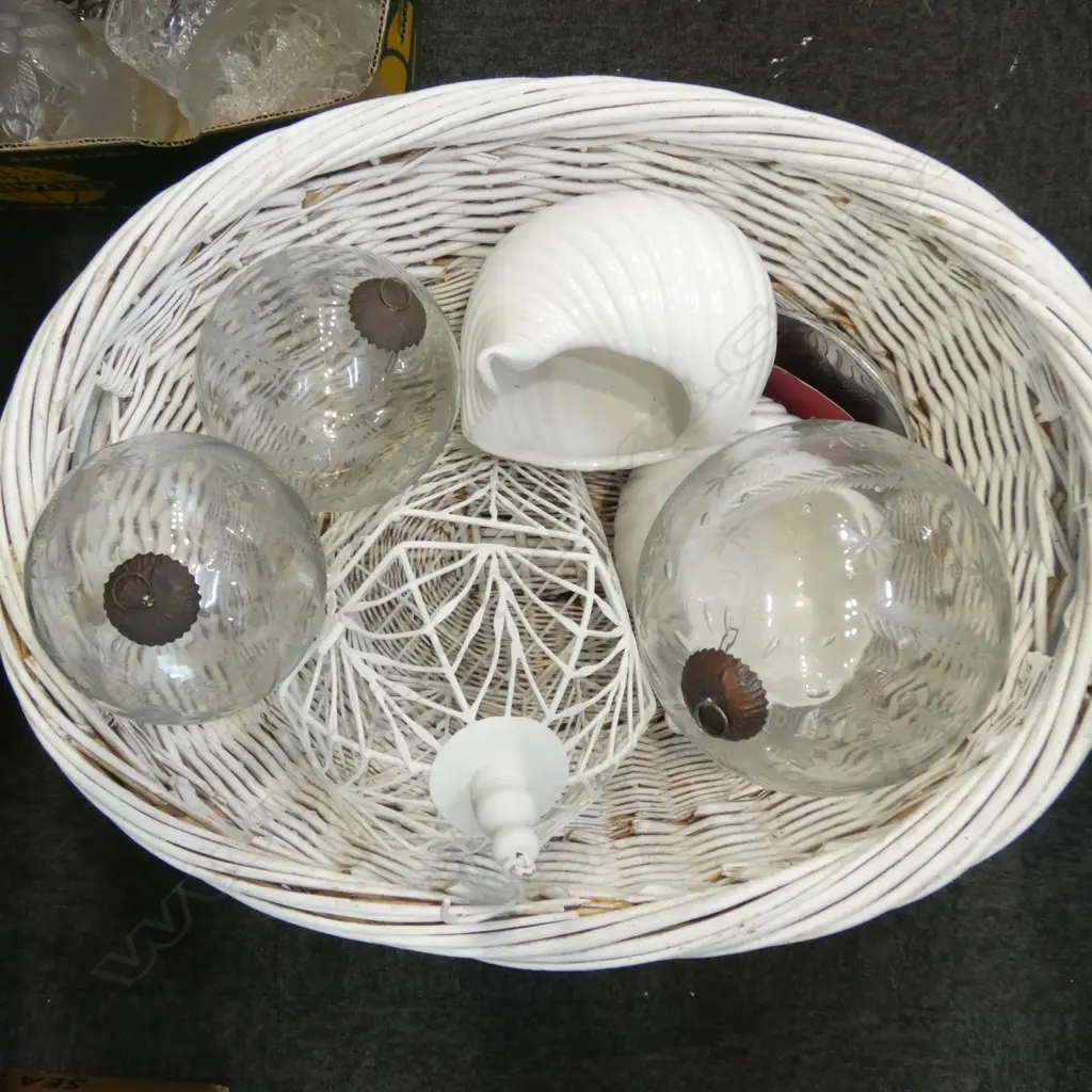 2 WHITE CANE BASKETS W.580mm, 3 GLASS BAUBLES, ETC Image 1++