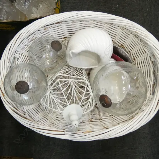 2 WHITE CANE BASKETS W.580mm, 3 GLASS BAUBLES, ETC
