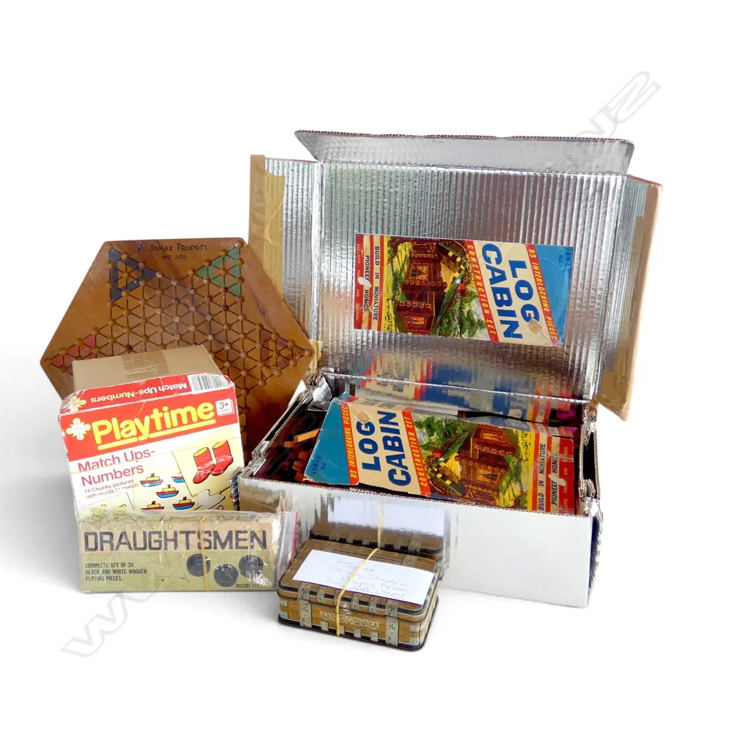 BOX OF ASST. VINTAGE TOYS Incl. CHINESE CHECKERS, LOG CABIN KIT etc Image 1++