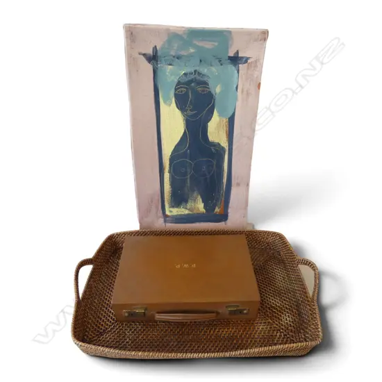 STUDIO POTTERY PLATTER 640x365mm (chip), WOVEN TRAY, LEATHER CASE W.360mm