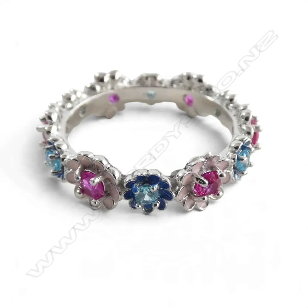 SILVER GEMSTONE & ENAMEL RING,  SZ Q Image 1++