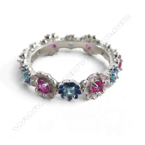 SILVER GEMSTONE & ENAMEL RING,  SZ Q