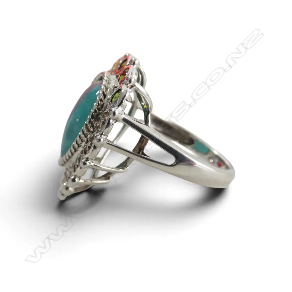 SILVER TURQOISE & CHROME DIOPSIDE RING, SIZE S Image 1++