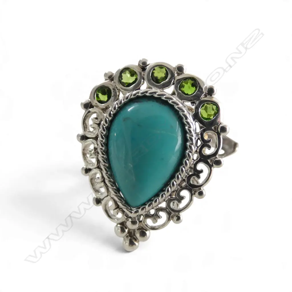 SILVER TURQOISE & CHROME DIOPSIDE RING, SIZE S Image 1++