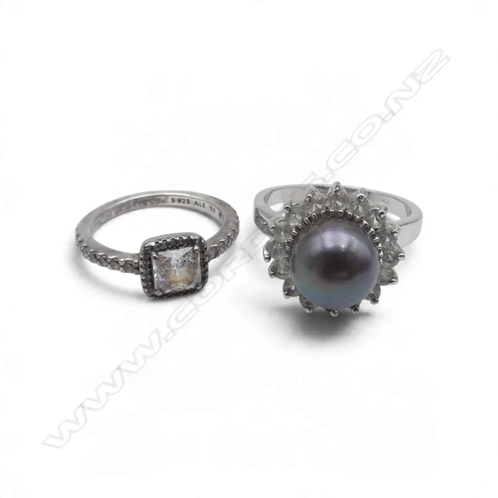 2 RINGS; SILVER BLUE STONE RING, SZ L & PLATED PEARL RING, SZ Q1/2 Image 1++