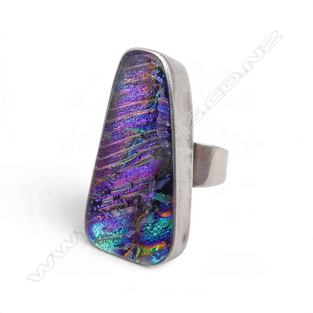 SILVER & DICHROIC GLASS RING testing .90% silver SIZE K Image 1++