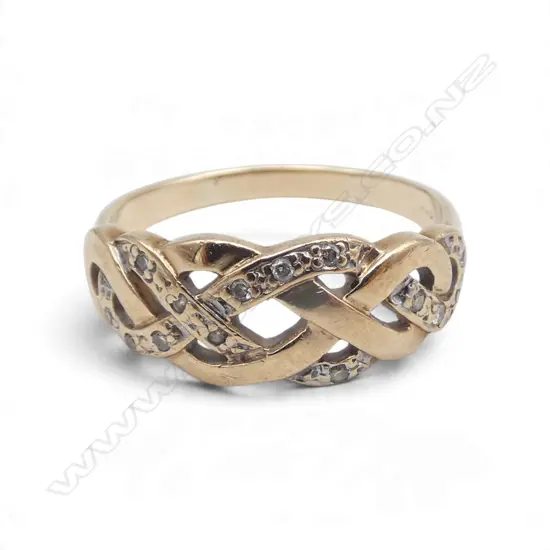 9ct GOLD & SMALL DIAMOND SET WEAVE design RING, stamped 9CT, 2.95gms SIZE R
