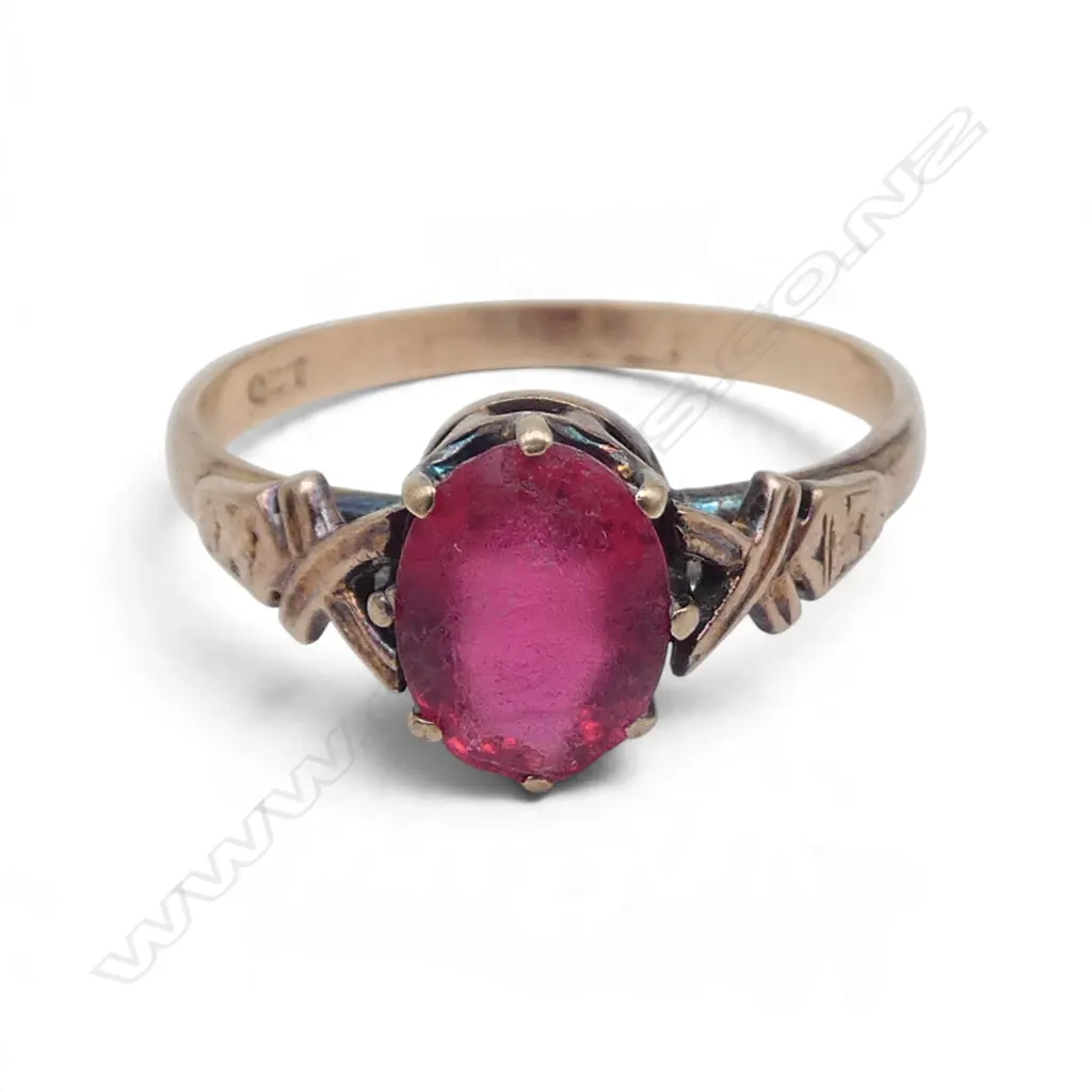 ANTIQUE 9ct ROSE GOLD &  SYN PINK GEMSTONE RING, wear to gemstone, 2.04gms SIZE O Image 1++