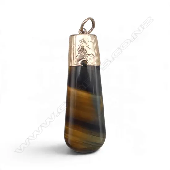 ANTIQUE 9ct GOLD TIGER'S EYE PENDANT, stamped 9C, L.40mm