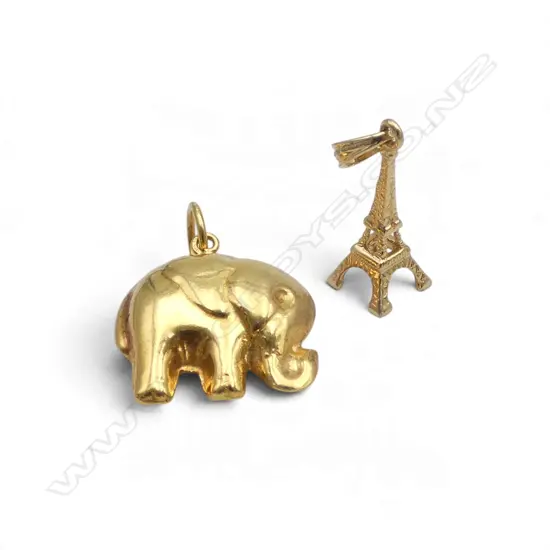 2 18ct GOLD BRACELET CHARMS: elephant & Eifel tower. 1.95gms