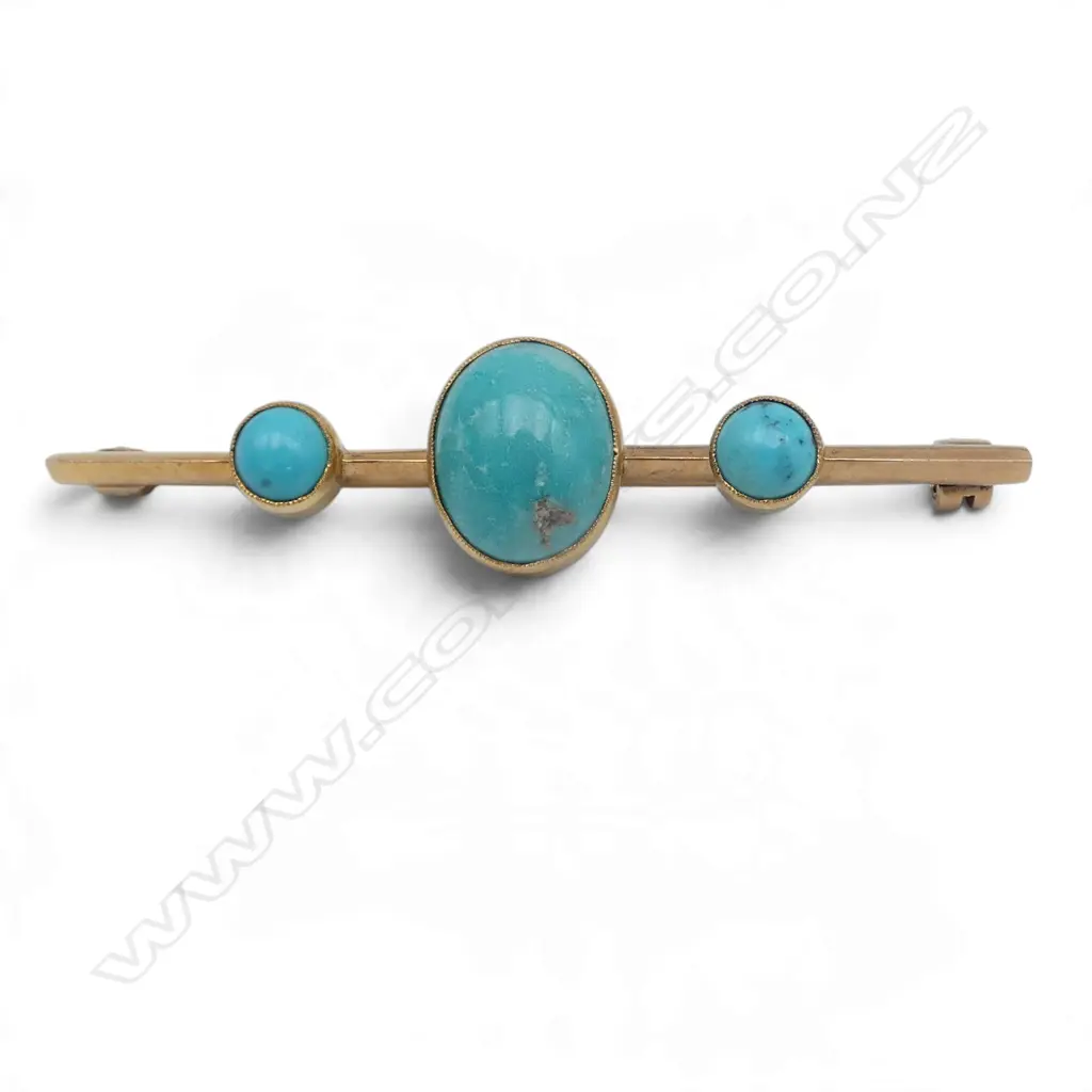 EARLY 20thC 15ct GOLD & 3 TURQUOISE BROOCH w natural blemish 5.6gms Image 1++
