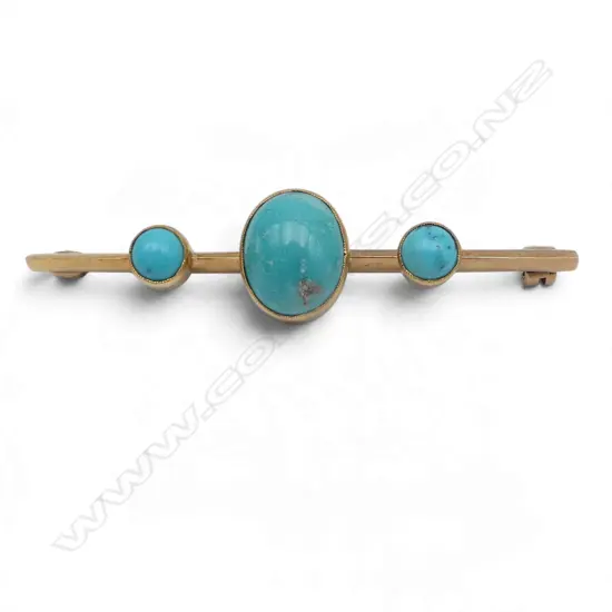 EARLY 20thC 15ct GOLD & 3 TURQUOISE BROOCH w natural blemish 5.6gms