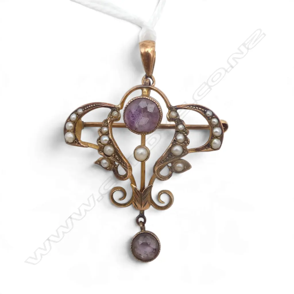 9ct AMETHYST & SEED PEARL PENDANT, 3.28gm Image 1++