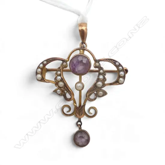 9ct AMETHYST & SEED PEARL PENDANT, 3.28gm