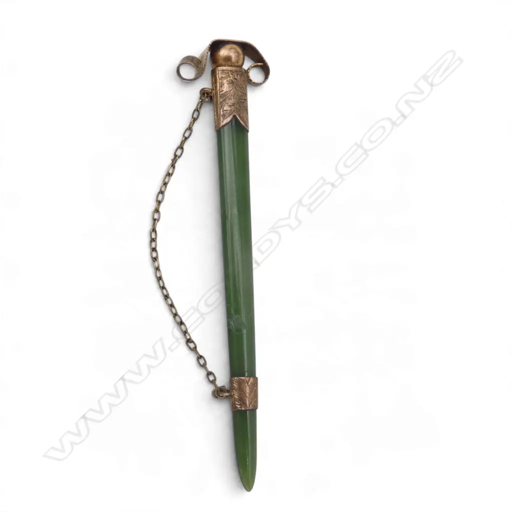 ANTIQUE 9ct GOLD & GREENSTONE SWORD BROOCH, testing 9ct, hinge pin absent, handle absent, L.70mm Image 1++