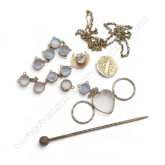 ASST 9ct GOLD; BROKEN MOONSTONE NECKLACE, 2 SHIRT STUDS & PR SML HOOP EARRINGS, 7.75gm total weight