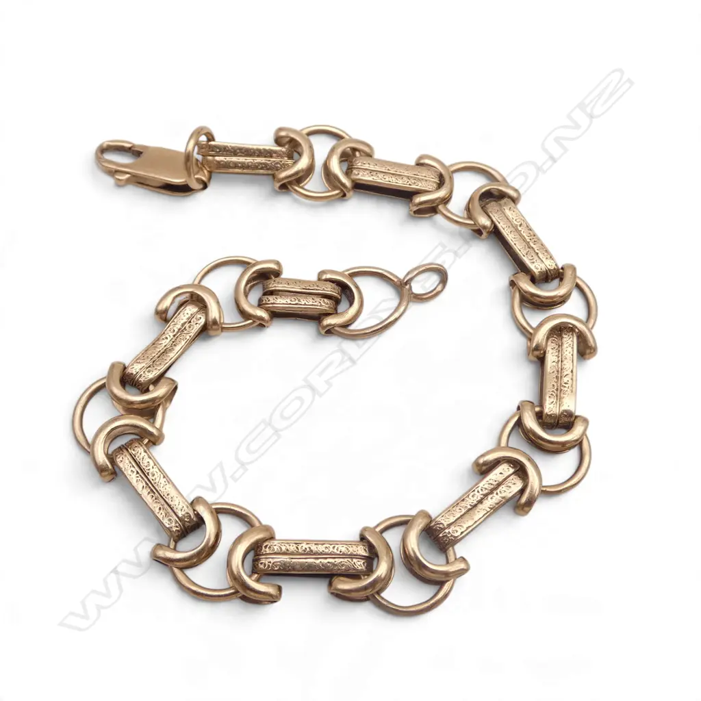 9ct GOLD LINK BRACELET bar & ring links. Stamped .375, 10.25gms Image 1++