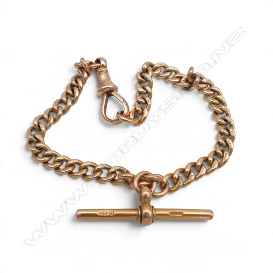 15ct GOLD CURB LINK ALBERT BRACELET with T BAR, each link stamped15 and .625, 20.29gms L.195mm