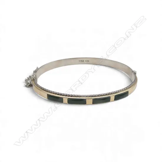 9ct on SILVER BANGLE w POUNAMU INLAY