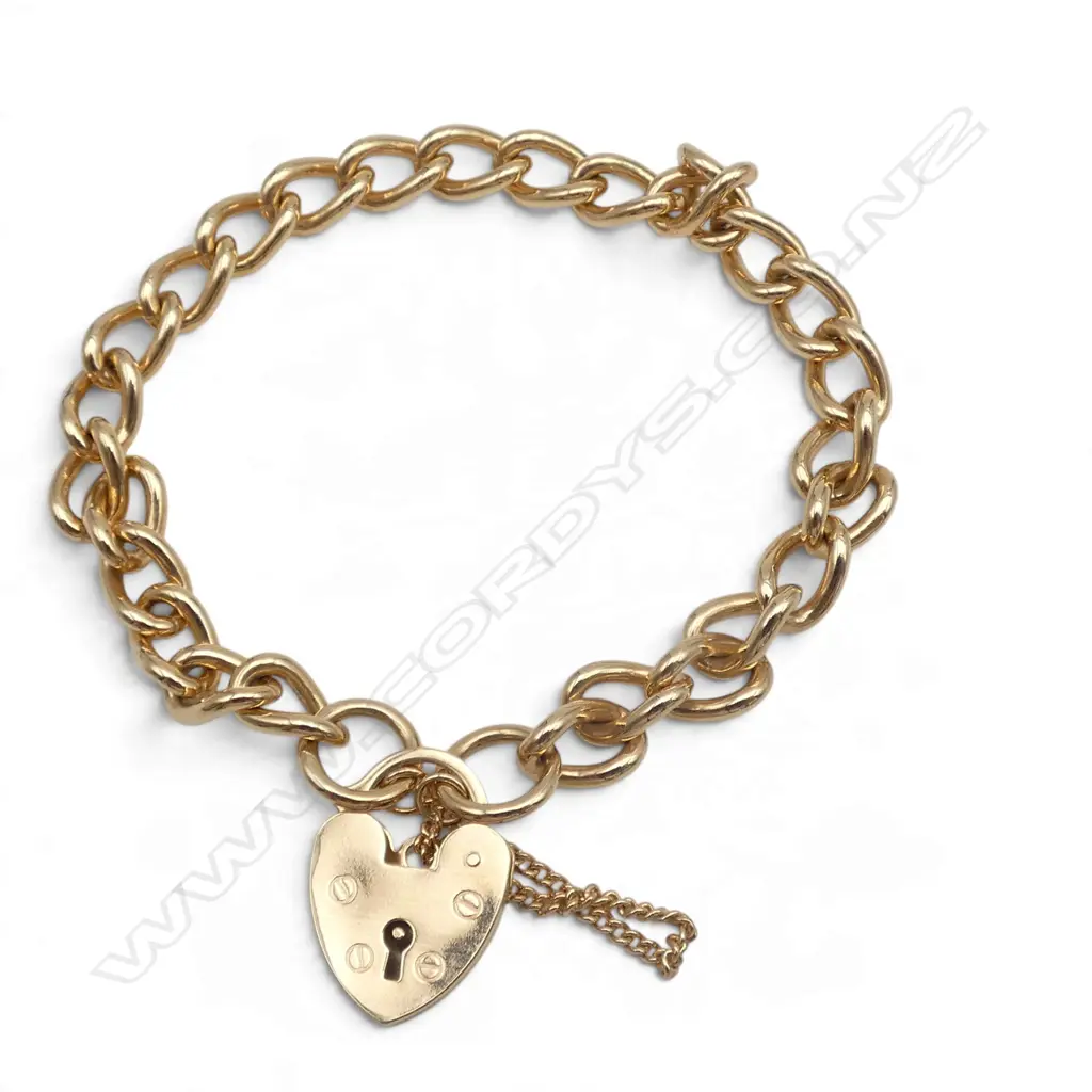 9ct CURB LINK BRACELET w HEART PADLOCK CLASP, safety chain, 20.34gm Image 1++