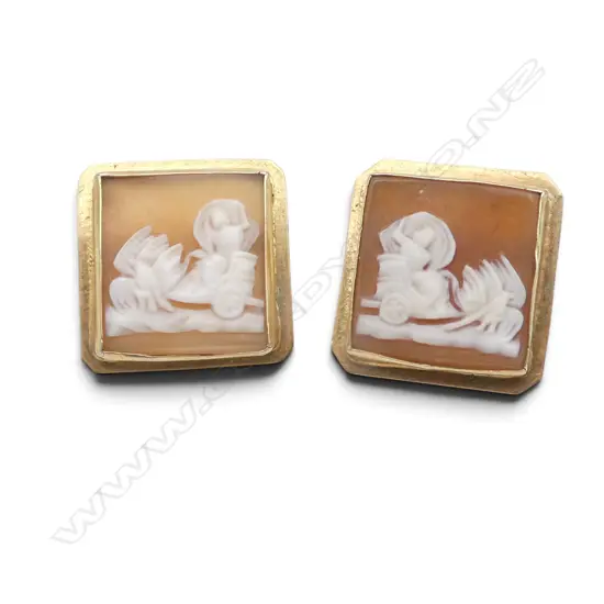 Pair of vintage silver gilt cameo earrings square form with chariots.