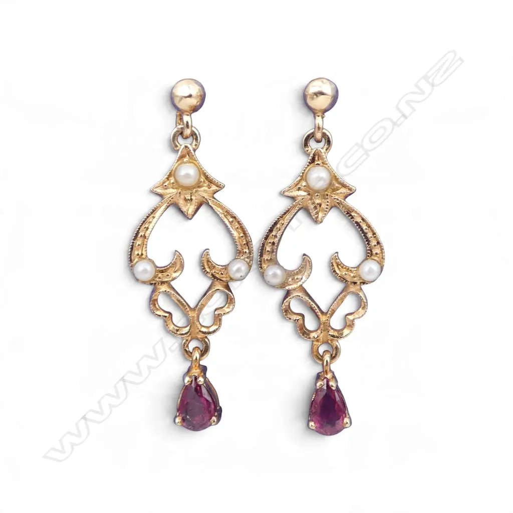 PR 9CT EARRINGS; RED STONE / SEED PEARL L.30mm 2.6gms Image 1++