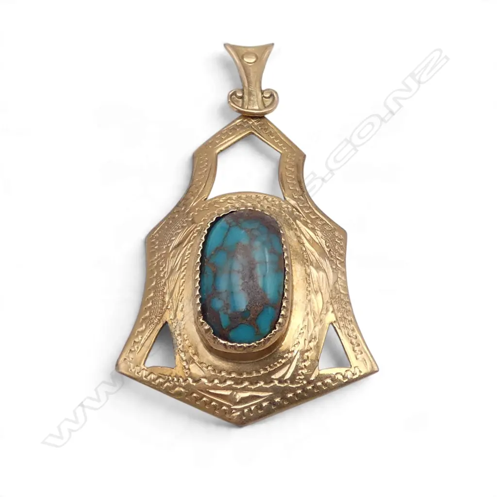 9CT TURQUOISE PENDANT 40x25mm 3.6gms Image 1++