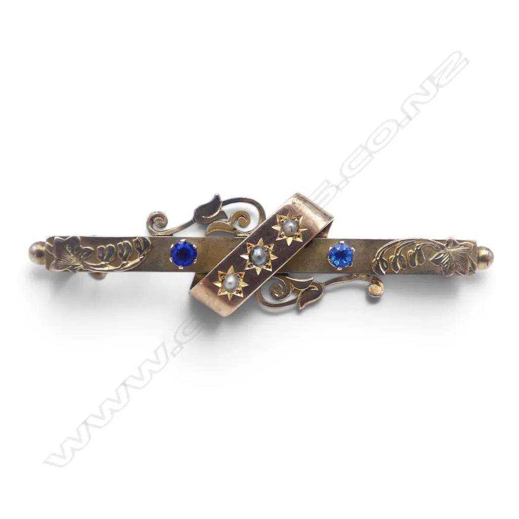 VICTORIAN 9ct GOLD blue stone & pearl BROOCH. 3.2gms Image 1++