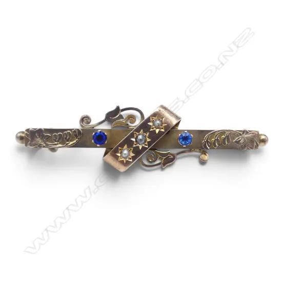 VICTORIAN 9ct GOLD blue stone & pearl BROOCH. 3.2gms