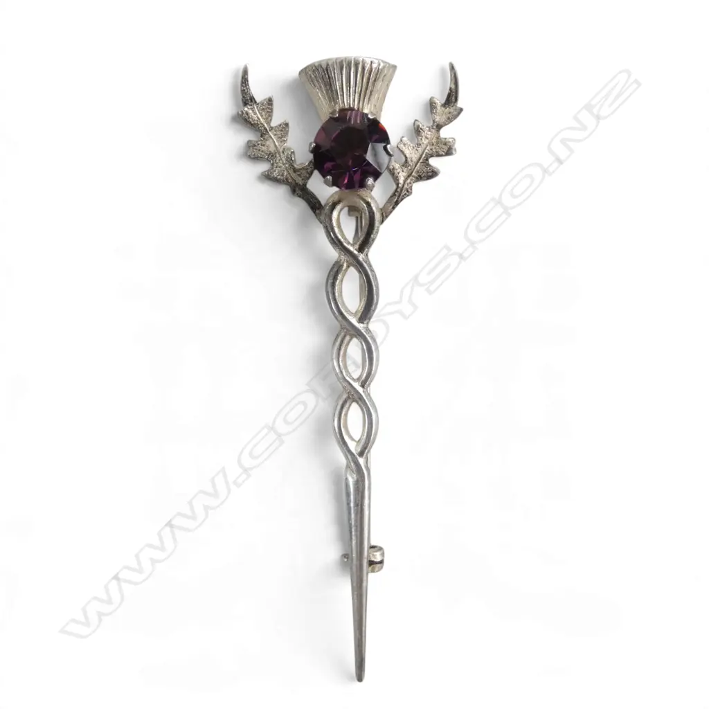 VINTAGE STG SILVER & GEMSTONE SCOTTISH KILT PIN, MAKER: W.B, L.80mm Image 1++