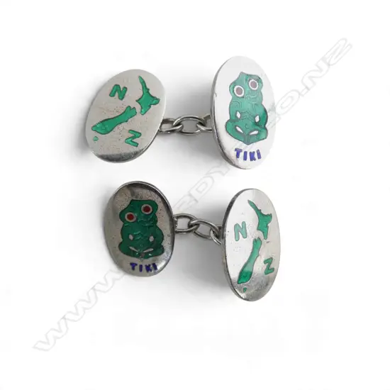 VINTAGE NZ STG SILVER & ENAMEL MAORI TIKI CUFFLINKS ‘STERLING SILVER’, L.18mm