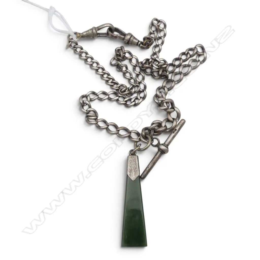 ANTIQUE LONG SILVER GRADUATED CURB LINK FOB CHAIN w pounamu pendant. L.480mm. 28gms Image 1++