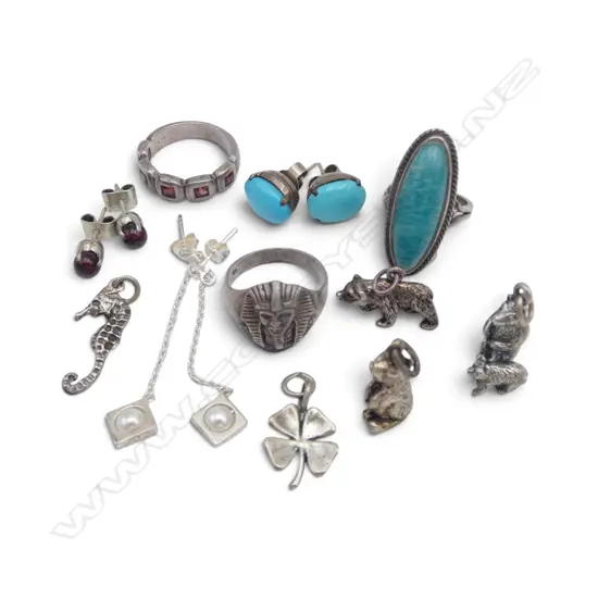 ASST. SILVER JEWELLERY: 3 pairs gem earrings + 4 charms (3 bears + seahorse) + 3 RINGS
