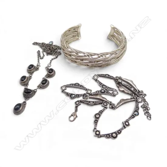 STG SILVER BANGLE & 2 NECKLACES & EARRING BUTTERFLY 74gms