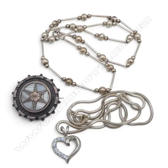 2 SILVER NECKLACES + VICTORIAN SILVER & AGATE BROOCH