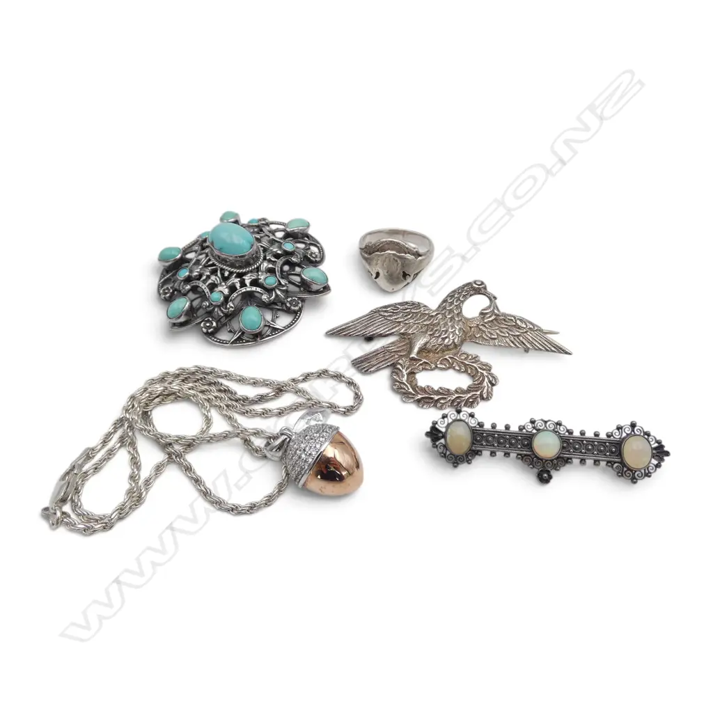 SILVER JEWELLERY:  NECKLACE w plated acorn pendant + OPAL BROOCH + LGE TURQUOISE BROOCH + RING + SILVER BIRD w laurel wr Image 1++