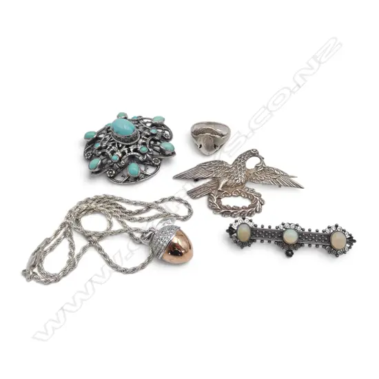 SILVER JEWELLERY:  NECKLACE w plated acorn pendant + OPAL BROOCH + LGE TURQUOISE BROOCH + RING + SILVER BIRD w laurel wr