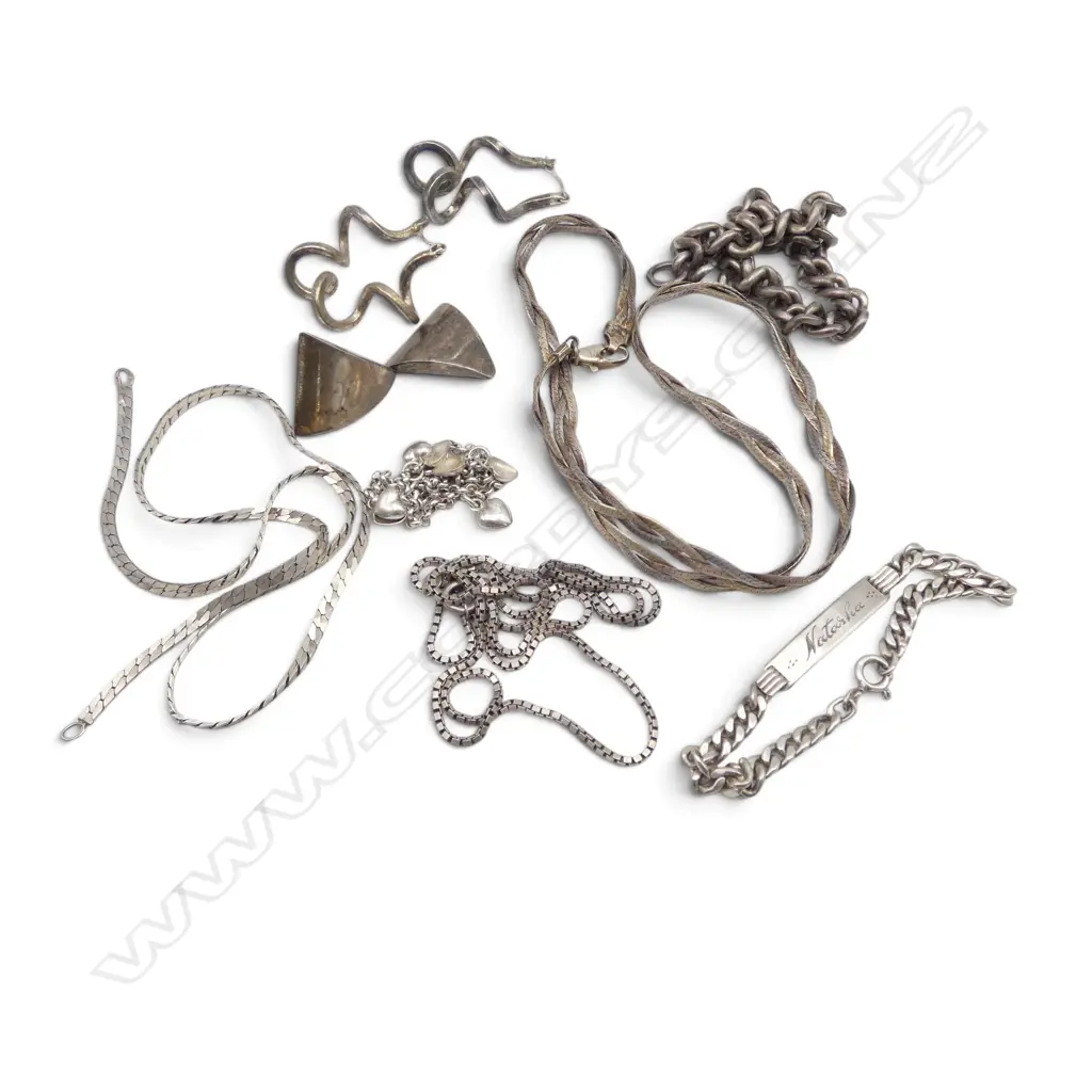 STG SILVER; 3 CHAINS, 3 BRACELETS, 4 EARRINGS, with faults, 66.57gms Image 1++