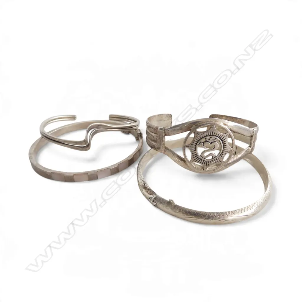 4 STG SILVER BANGLES STAMPED 925, one dented, 59gms Image 1++