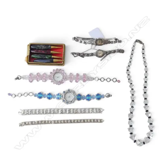 2 DECO STG SILVER & MARCASITE LADIES WRISTWATCHES, 2 COSTUME WRISTWATCHES, etc