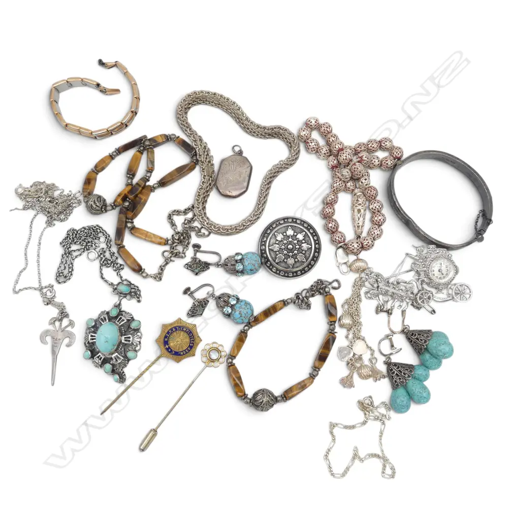 ASST COSTUME & SILVER JEWELLERY: includes silvered & marcasite carriage brooch watch + necklaces etc Image 1++