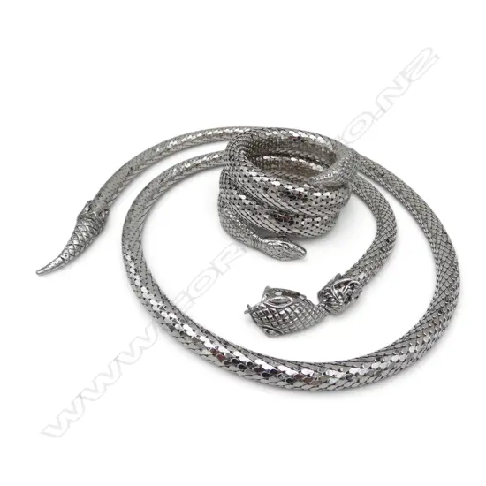 MID CENTURY WHITING & DAVIS SILVER METAL MESH SNAKE BANGLE & LARIAT NECKLACE/BELT