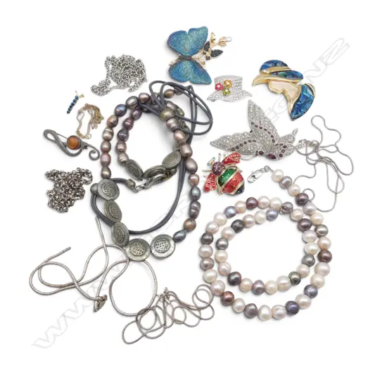 CULTURED PEARL NECKLACES, BROOCHES & CHAINS, some silver, some scrap